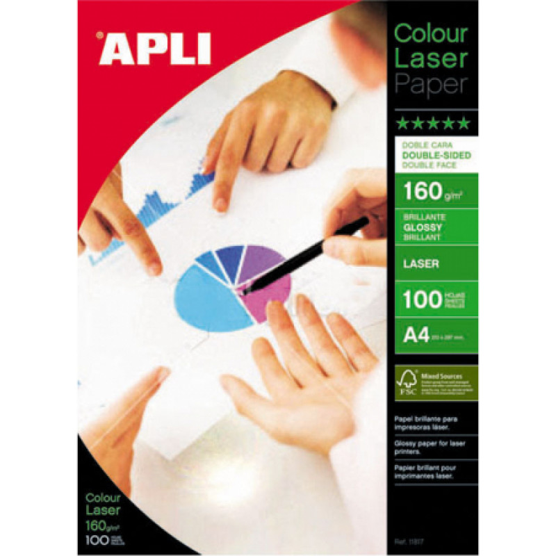 Papīrs APLI Colour Laser Glossy A4 160g/m2, divpusīgs, 100 loksnes/iepakojumā