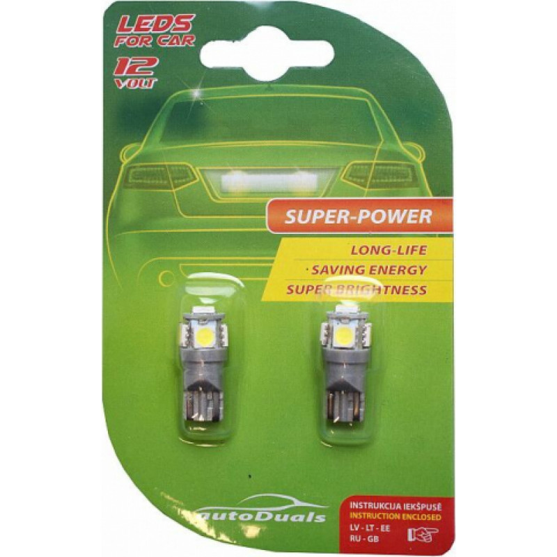 Autoduals Autolampas LED T10, 5SMD, zilas, 2gab