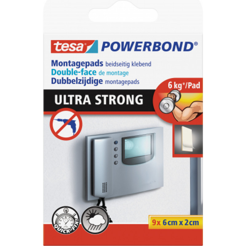 Līmējoša masa tesa® Powerbond Ultra Strong Pads, sadalīta kvadrātiņos, abpusēja, iekšdarbiem un ārdarbiem, 0,6 x 20mm