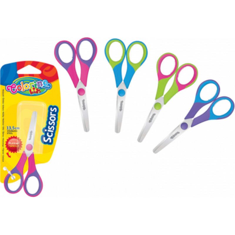 Šķēres COLORINO KIDS 13,5 cm, ar gumijotiem rokturiem, blisterī