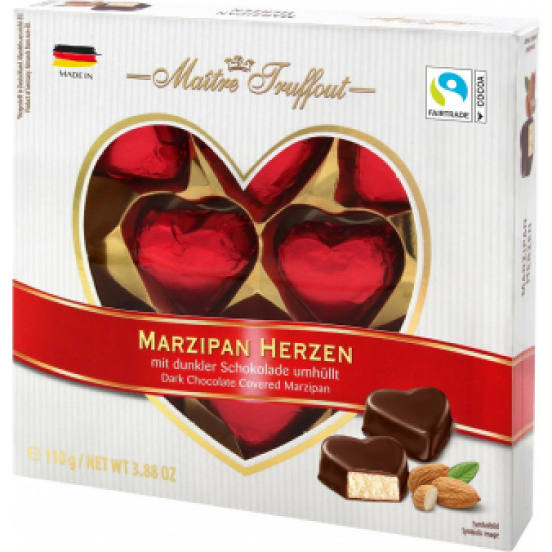 Šokolādes konfektes MAITRE TRUFFOUT Marzipan hearts, 110g ( Gab. x 3 )