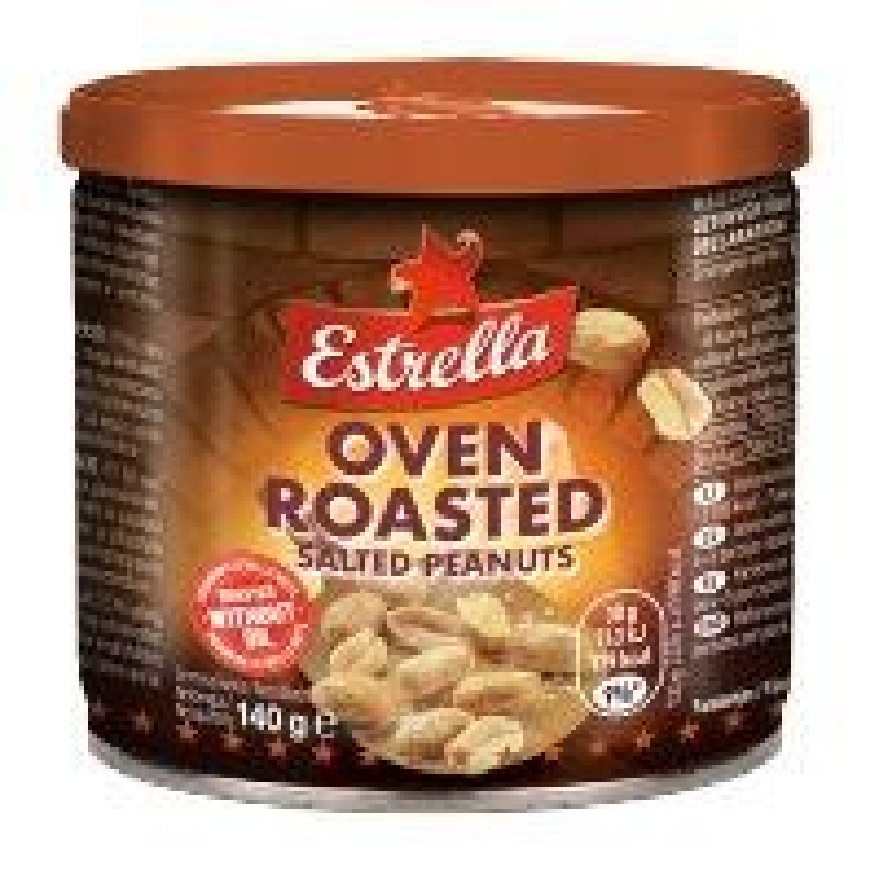 Estrella zemesrieksti krāsnī cepti un sālīti (bundžā), 140g ( Iepak. x 12 )