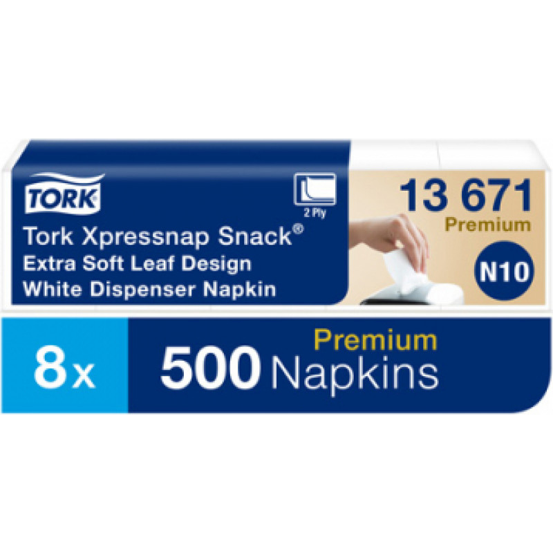 Salvetes dozatoram TORK PREMIUM XPRESSNAP SNACK, 2 sl., loksnes izmērs 21.6 x 21.6 cm, 5 x 100 salvetes, baltā krāsā ar lapiņām