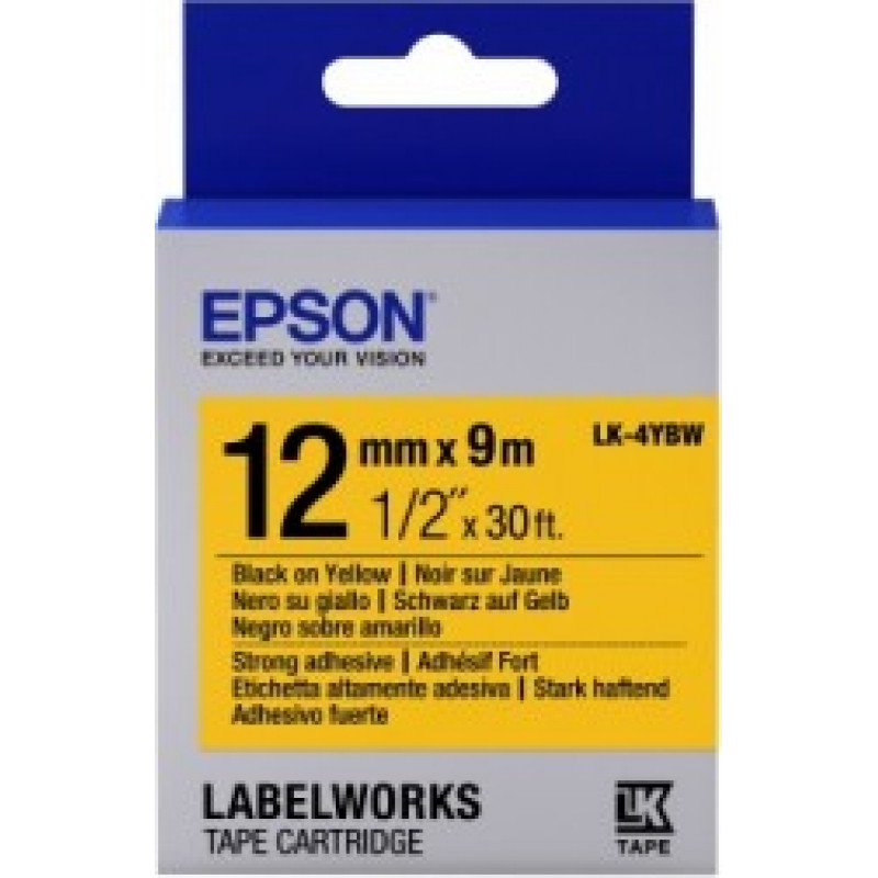 Epson Label Cartridge LK-4YBW Strong Adhesive Black on Yellow 12mm (9m)